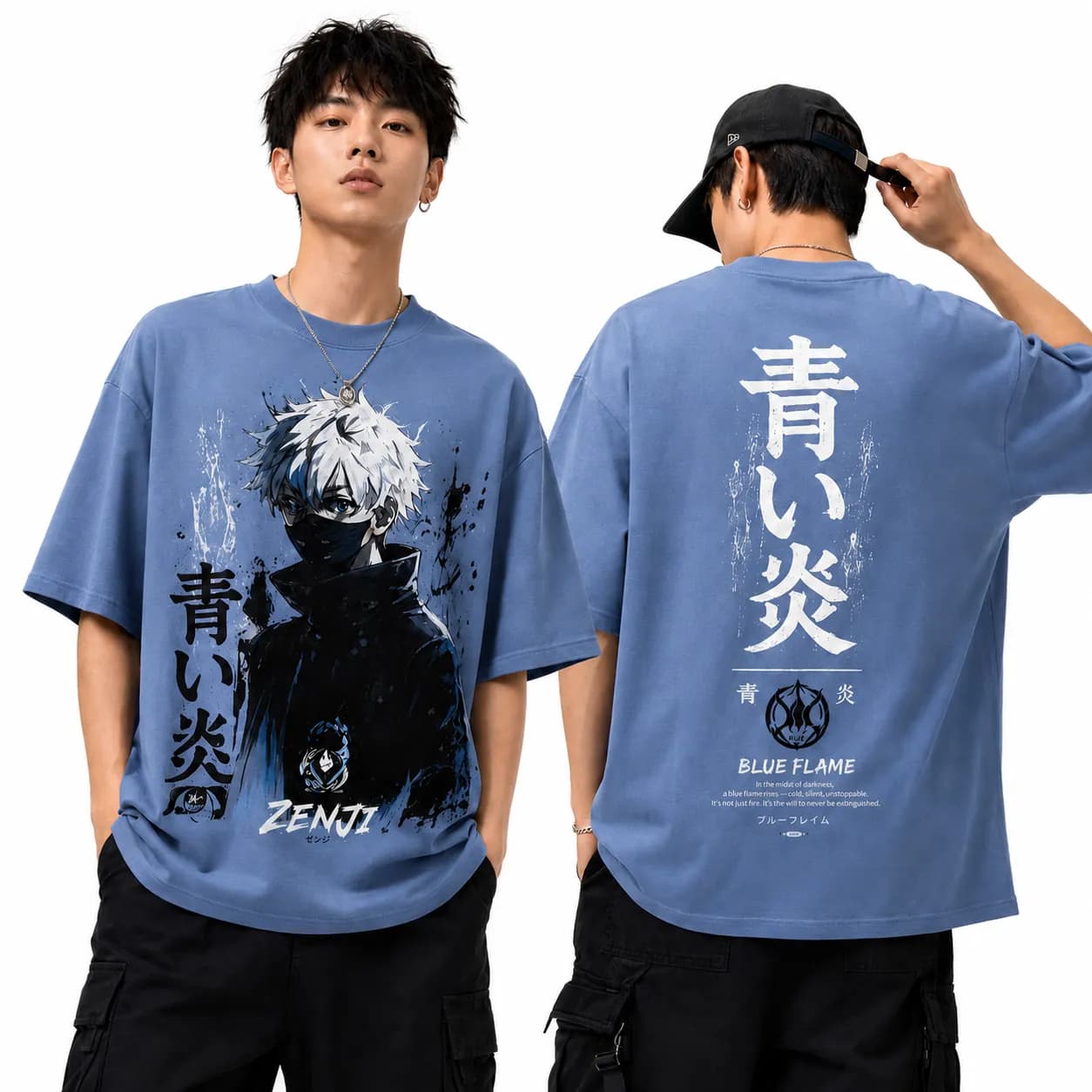 ZENJI BLUE FLAME tee — anime streetwear worn by a model