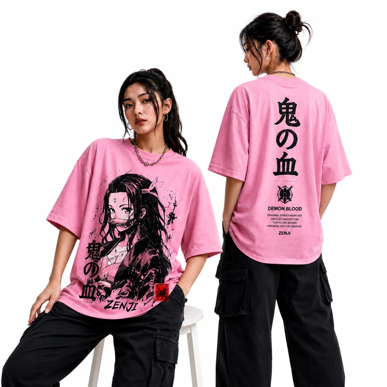 ZENJI DEMON BLOOD tee — anime streetwear worn by a model