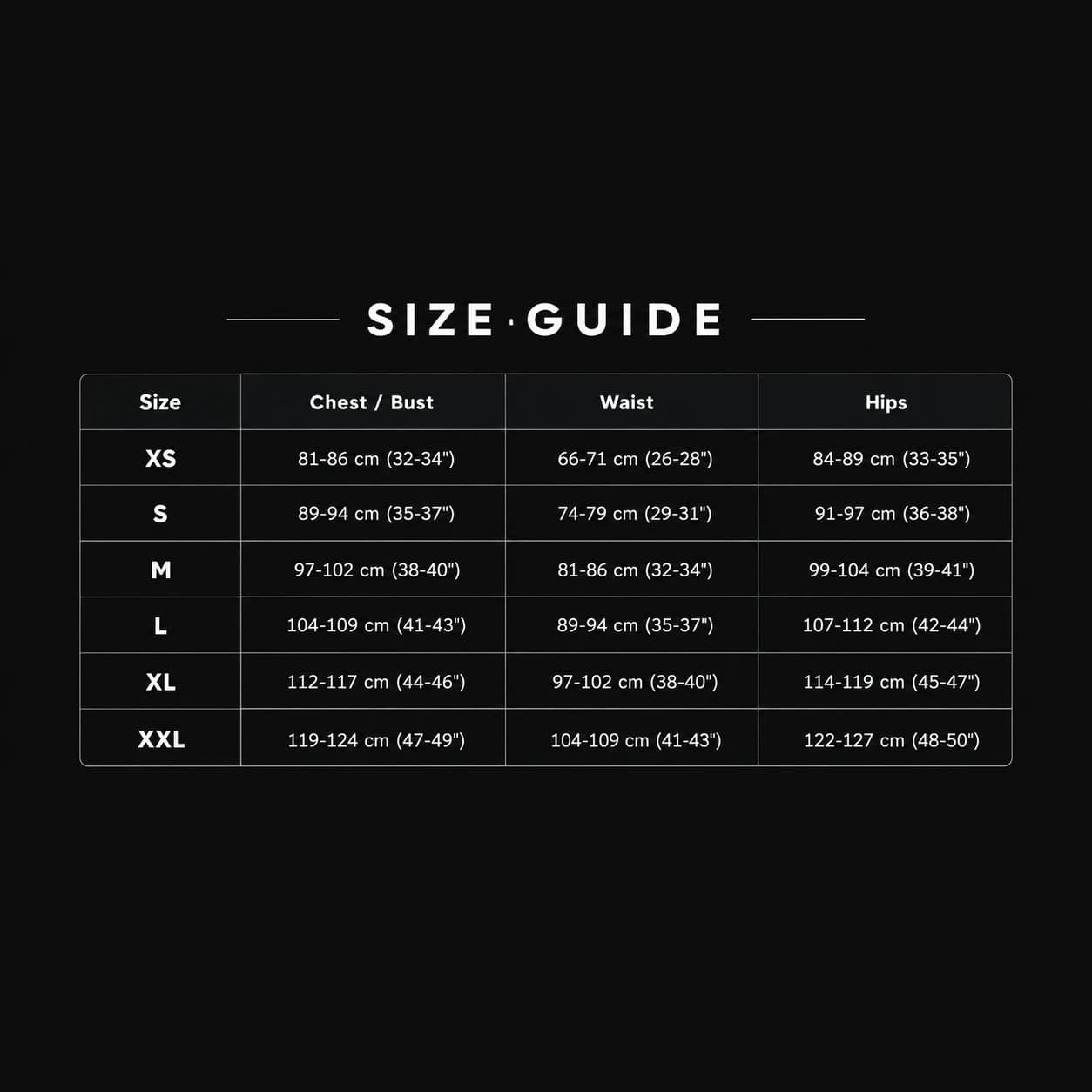 ZENJI size guide thumbnail — chest, waist and hips measurements for sizes XS to XXL. The full table is on the size guide page.