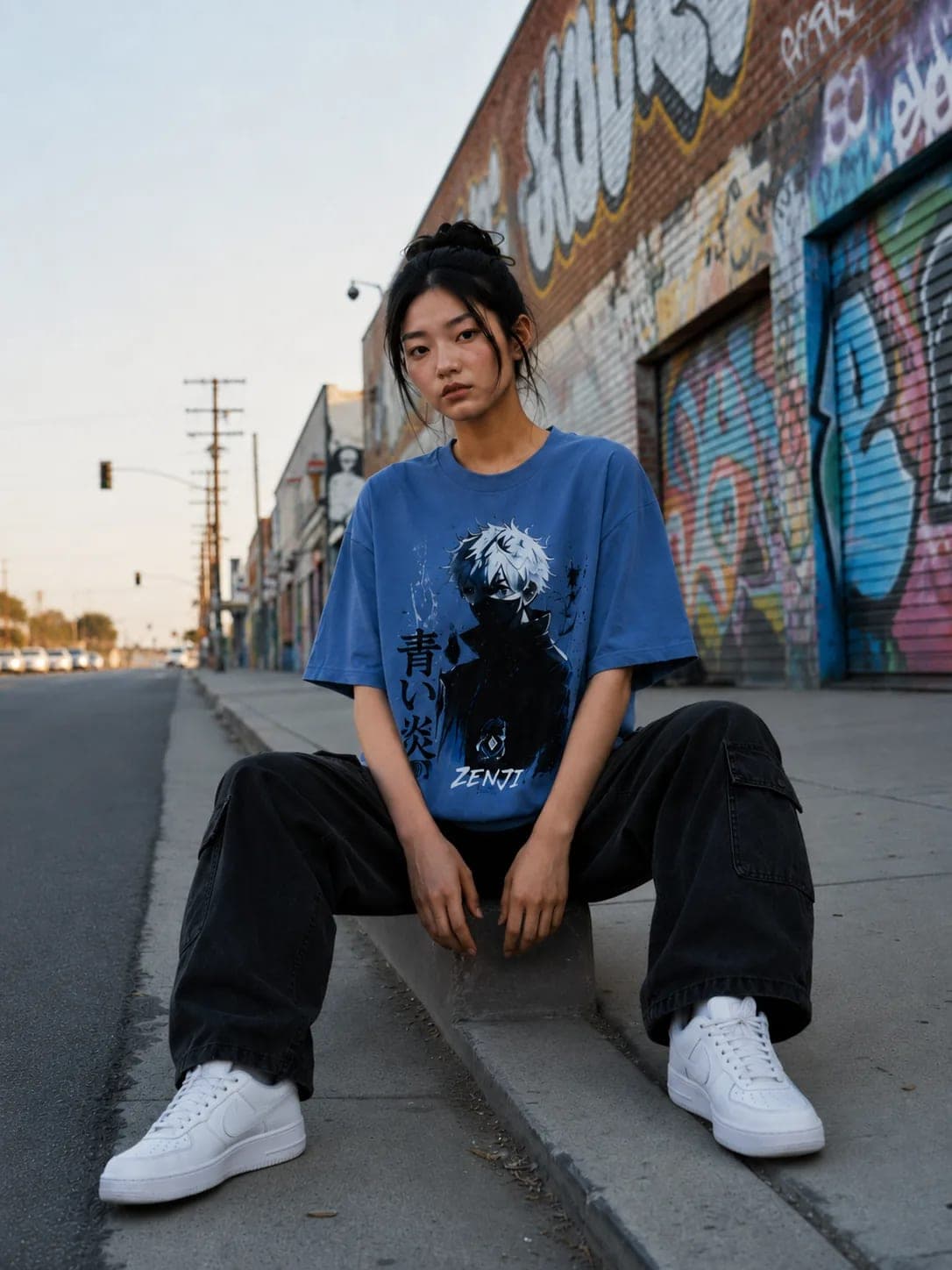 ZENJI BLUE FLAME TEE anime streetwear, on model
