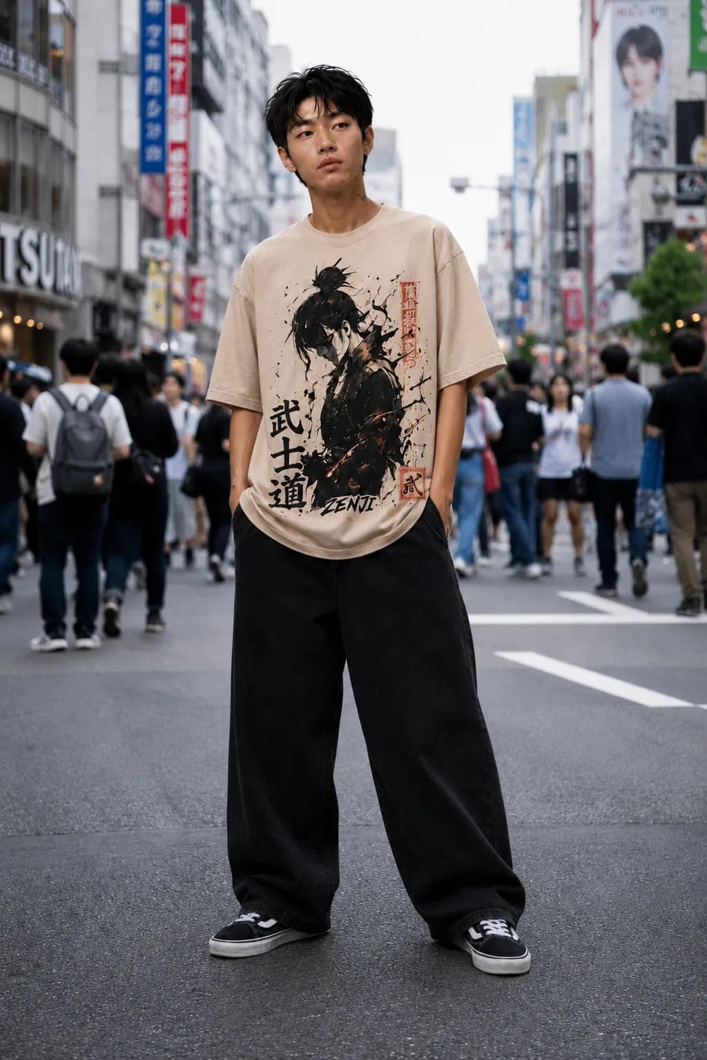 ZENJI BUSHIDO TEE anime streetwear, on model