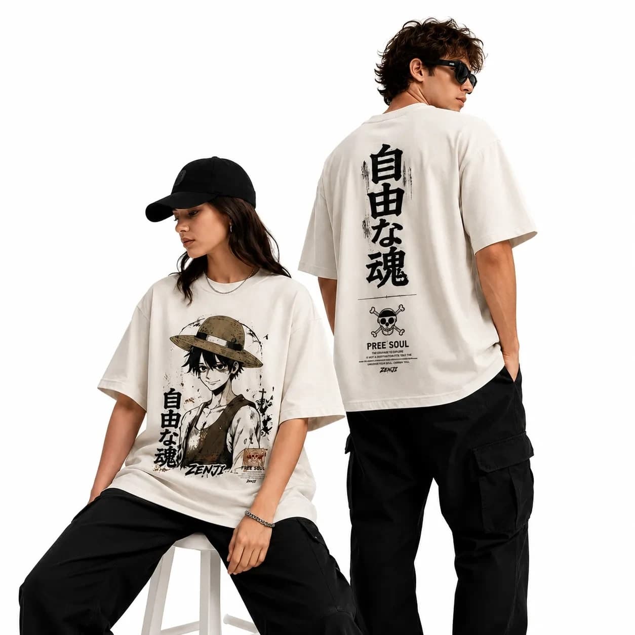 ZENJI FREE SOUL TEE anime streetwear, on model