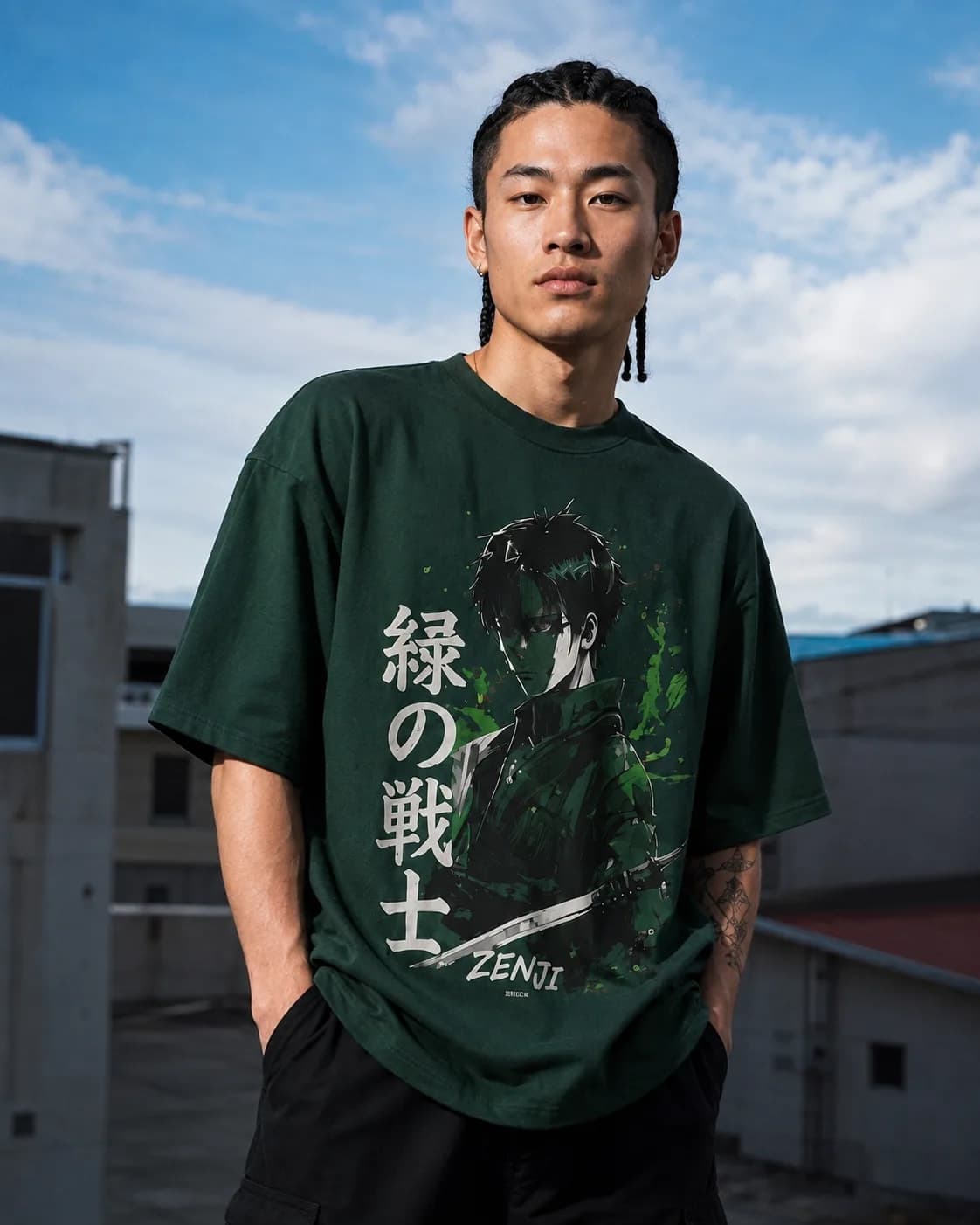 ZENJI WARRIOR SPIRIT TEE anime streetwear, on model