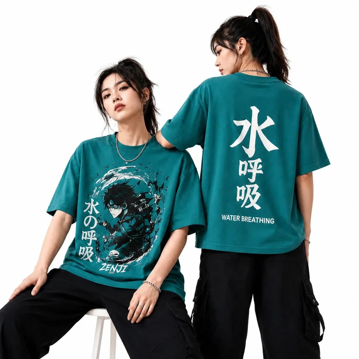 ZENJI WATER BREATHING TEE anime streetwear, on model
