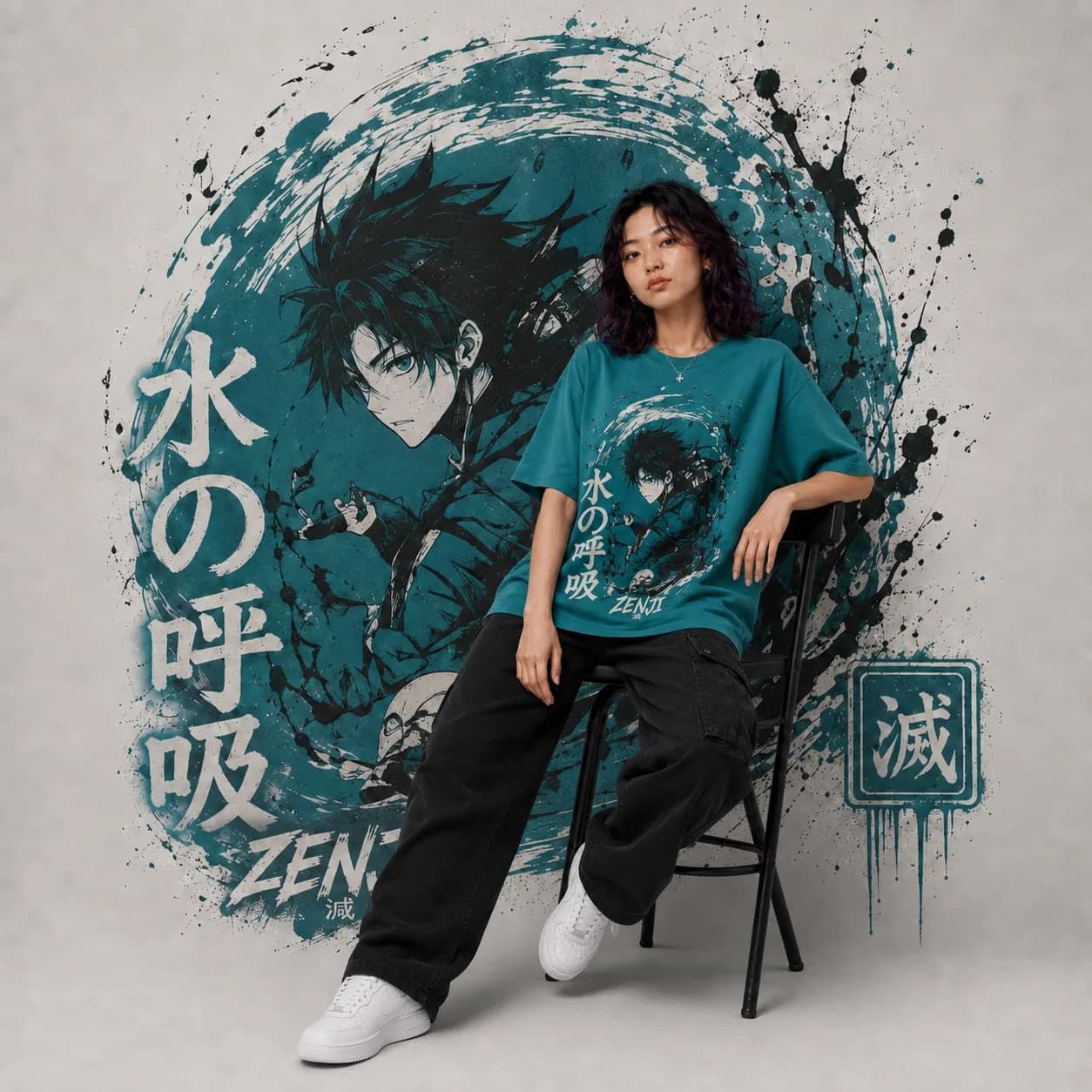 ZENJI WATER BREATHING TEE anime streetwear, on model
