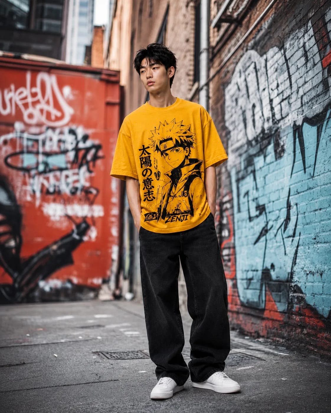 ZENJI WILL OF THE SUN TEE anime streetwear, on model