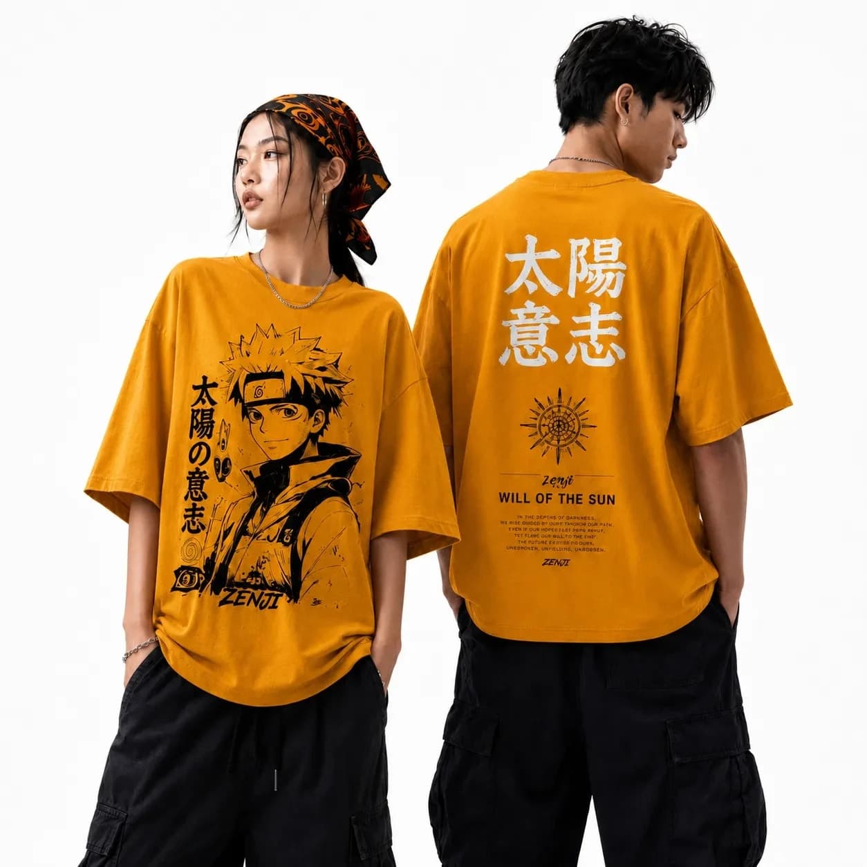 ZENJI WILL OF THE SUN TEE anime streetwear, on model