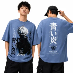 Blue Flame Oversized Anime Graphic Tee – Washed Sky Blue
