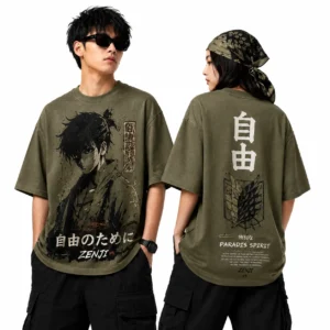 Paradise Spirit Oversized Anime Graphic Tee – Olive Green