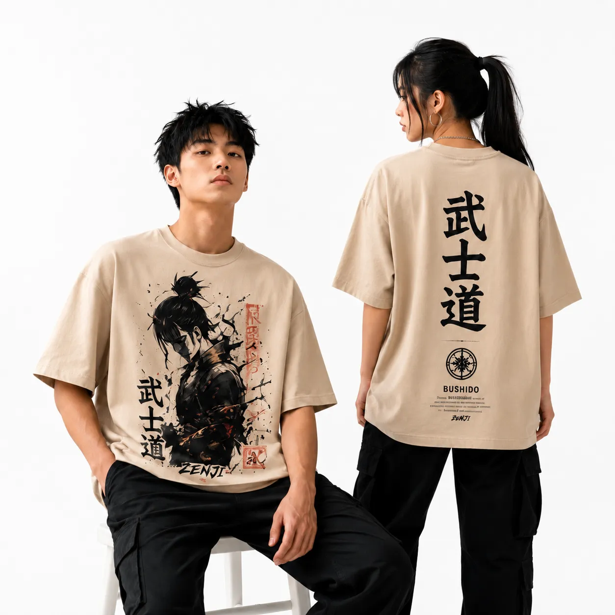 Ronin Code Oversized Anime Graphic Tee – Sand Beige
